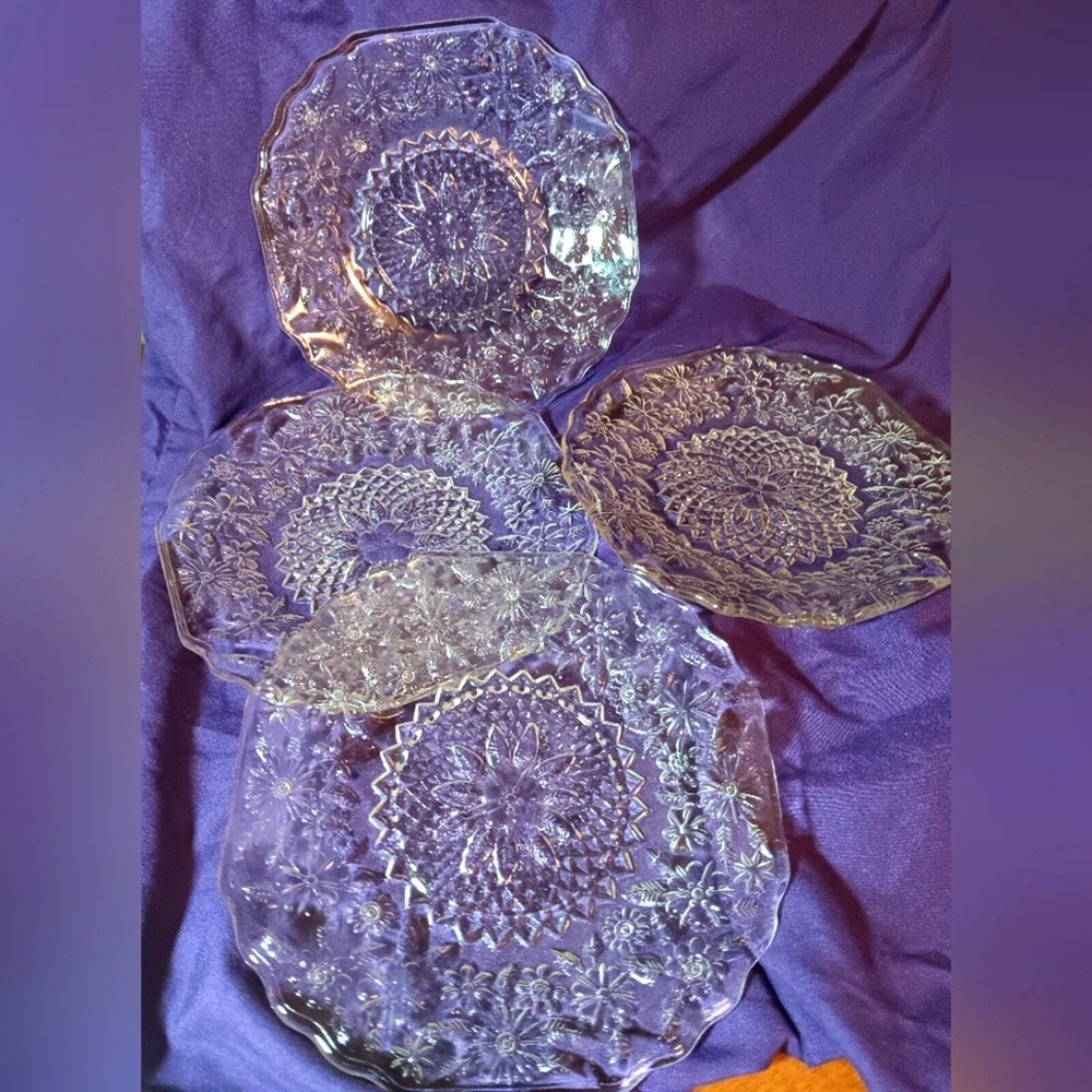 Set of 4 Crystal Plates Flower Pattern Etched 6"